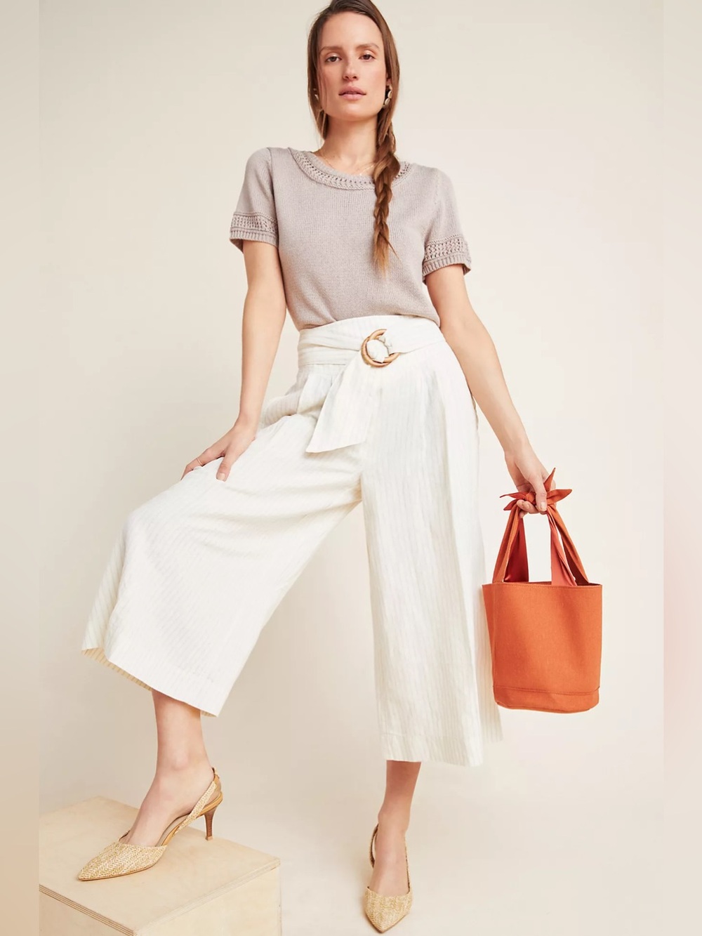 Anthropologie Palm Beach Belted Linen Cotton Culotte Pants Wide Leg High Rise 0